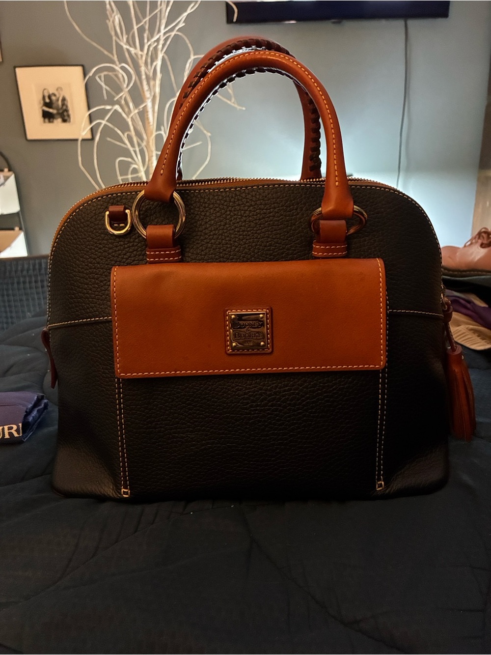Dooney & Bourke Black and Brown Pebbled Leather Satchel
